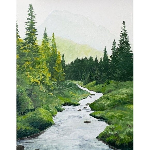 Original Oil Landscape Painting Mountain Meadow River and Pines Signed 9x12" - Picture 1 of 6